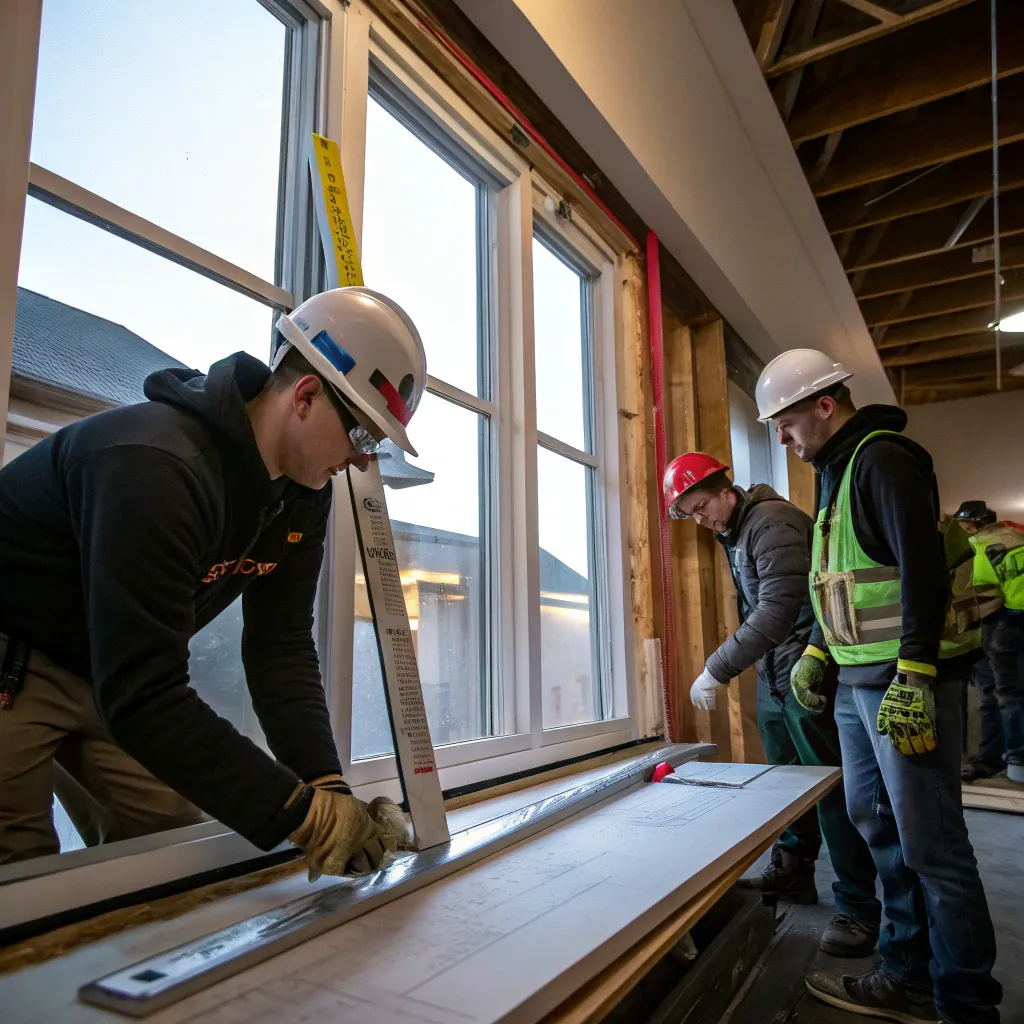 Team working on window installation